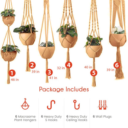 feedee Macrame Plant Hangers - 6 Pack, Brown, Indoor/Outdoor, 11.9 lbs Capacity, Ready to Hang
