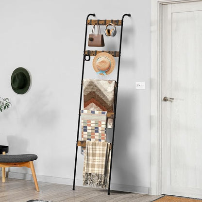 Blanket Ladders for the Living Room 5 Tier Towel Ladder for Bathroom with 10 Removable Hooks Wall Leaning Quilt Rack for Bedroom Display Rustic Farmhouse Home Decor, Rustic Brown