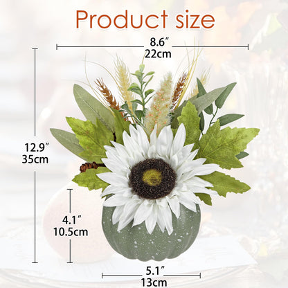 Artificial Pumpkin Floral Arrangement with White Sunflowers & Autumn Leaves – Fall Table Centerpiece for Thanksgiving, Halloween & Harvest Décor – Rustic Farmhouse Pumpkin Autumn Décor
