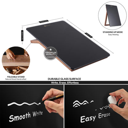 Desktop Black Glass Dry Erase Whiteboard with Reversible Wood Stand, Small Portable White Board Easel for Desk, Reusable Desk Notepad 9.5"x6.7" for Office, Home, School, Marker&Eraser Included, Yeoux