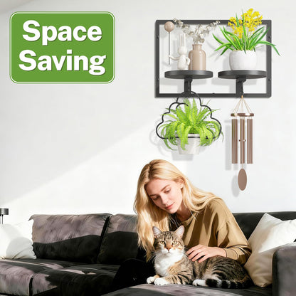 iDavosic.ly Wall Plant Picture Frame Holder with 2 Trays for Indoor, Metal Stand with Hanging Hooks, Floating Flower Display Decor, Space Saving & Easy to Assemble (Pots/Chains/Plants Not Included)