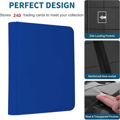 Trading Card Binder 4 Pocket, 240 Pockets Ringless PU Cover Card Collection Binder, Double Sided Card Binder Collector Album, Card Folder for MTG, TCG, Sports Cards, Game Card (Blue, 4Pockets)