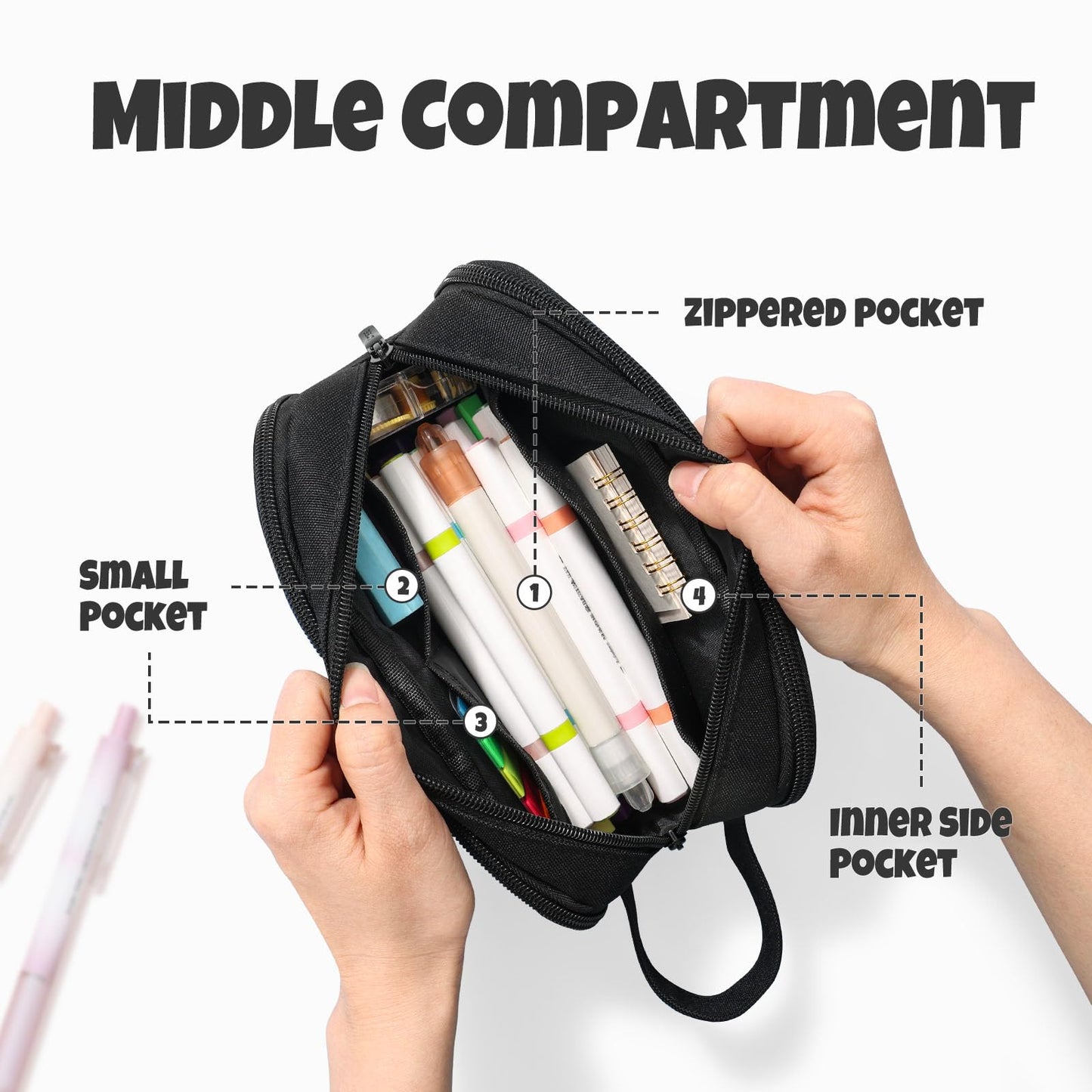 SUNEE Large Capacity Pencil Case with 3 Compartment, Extra Big Pencil Pouch, Pencil Bag with Zipper, Cute High Stationery Organizer, Oxford Pen Box School Supplies for Student Teen Girls Boys, Black