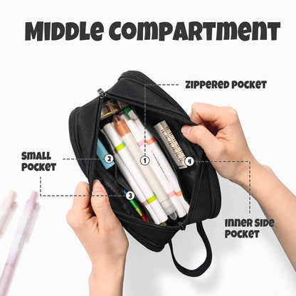 SUNEE Large Capacity Pencil Case with 3 Compartment, Extra Big Pencil Pouch, Pencil Bag with Zipper, Cute High Stationery Organizer, Oxford Pen Box School Supplies for Student Teen Girls Boys, Black