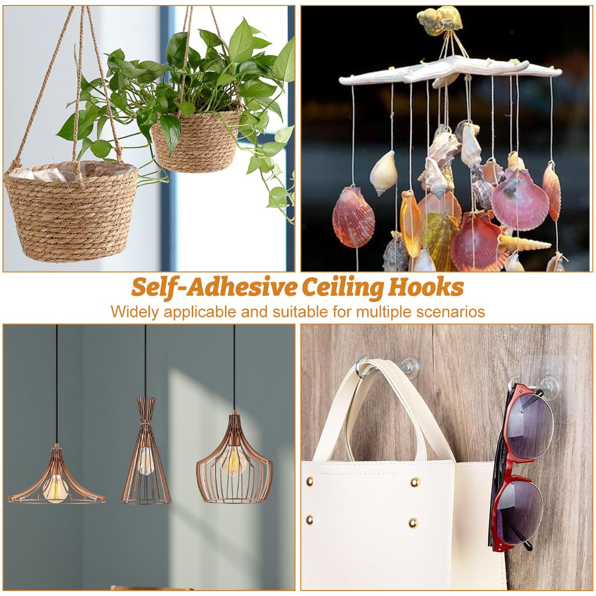 Adhesive Ceiling Hooks, Hold 30lbs Heavy Duty Ceiling Hooks for Hanging Plants Command 3M Ceiling Hooks, Sticky | Drill Free Outdoor Hanging Hook Stick On Hooks for Lights, Wind Chimes 4 Pack