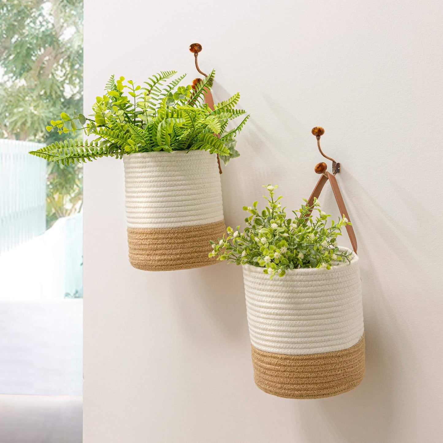 Goodpick 2pack Jute Rope Hanging Basket - Small Woven Fern Wall Hanging Baskets Flower Plants, Woven Basket Key Storage Baskets, White and Jute 7.87 x 7 x 11.7 inches