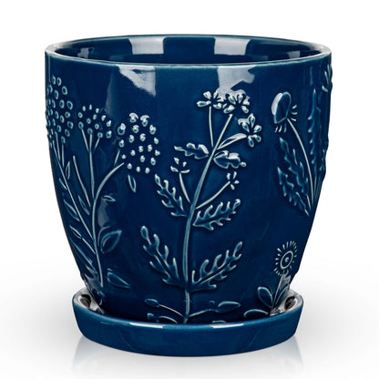 Hollyone 6 Inch Blue Ceramic Planter Flower Plant Pot with Drainage Hole and Saucer for Plants Embossed Indoor Outdoor Garden Embossed Ceramic Glazed Round Pot for Succulent Orchid Floral Pattern