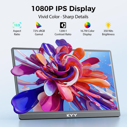 KYY Portable Monitor for Laptop,15.6'' Computer Screen Extender 1080P USB-C HDMI Laptop Display Built-in Stand & Dual Speakers, External HDR Display, Travel Monitor for PC MAC Phone Xbox PS4/5 Switch