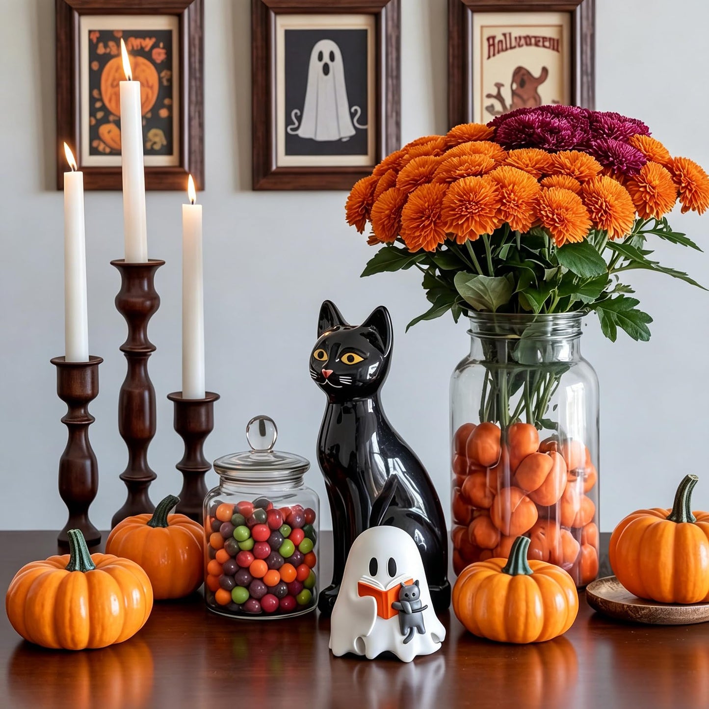 Vicenpal Halloween Ghost Reading Book with Cat Figurine Resin Spooky Tabletop Decor for Indoor Home Office Bookshelf Coffee Table Centerpieces Party Props