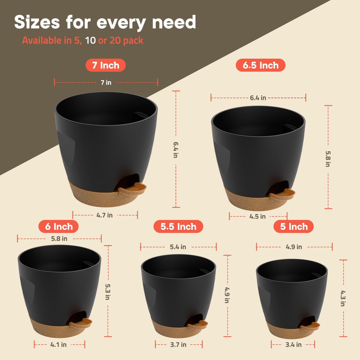 Black Self Watering Pots 10 Pack, Indoor and Outdoor Plant Pots with Wick Rope & Drainage Holes, Easy Watering Lip, Lightweight Plastic Self Watering Planter for Succulents, Houseplants, and Herbs