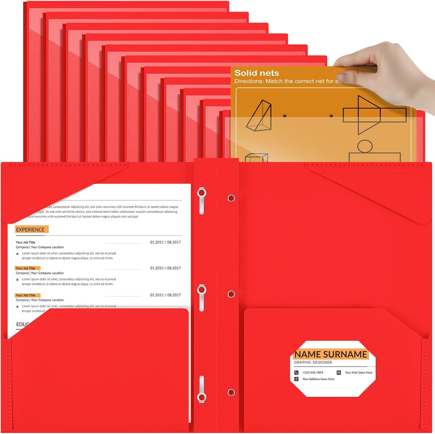 Henoyso 18 Pcs Plastic Folder with Clear Front Pocket and 3 Prong Plastic Folders with Card Slot Pocket Folders with Prongs for School Office (Red)