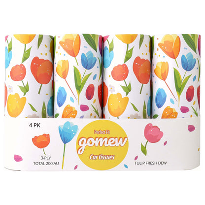 GOMEW Car Tissue Holder (4 PK) - 50 3-Ply Tissues per Cylinder, Fits Car Cup Holders, Portable Travel Tubes Box Container, Tulip Design, Round Tissue Container for Car Accessories