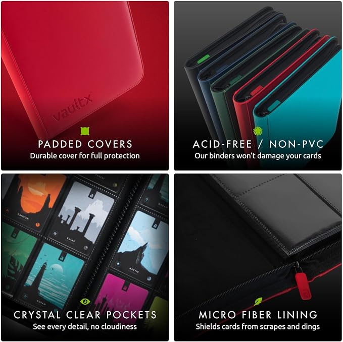 Vault X 4 Pocket Zip Binder, 160 Cards, Exo-Tec Material, 20 Side-Loading Pages (Red)