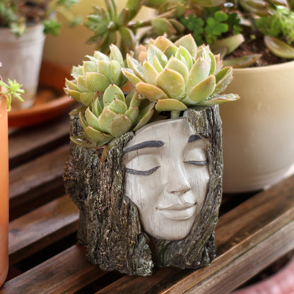 YOYLMAL Tree Stump Face Planter Pot, 4.9” Resin Women's Head Succulent Planter for Indoor Outdoor Plants, Unique Flower Pot with Drainage Hole, Gifts for Women Mom