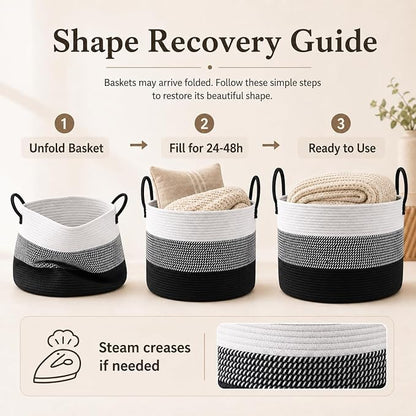 JMvicyroam 65L Extra Large Blanket Basket for Living Room - Woven Cotton Rope Laundry Hamper with Reinforced Handles - Storage Bin for Pillows, Comforters & Toys - Machine Washable,White&Black Mix