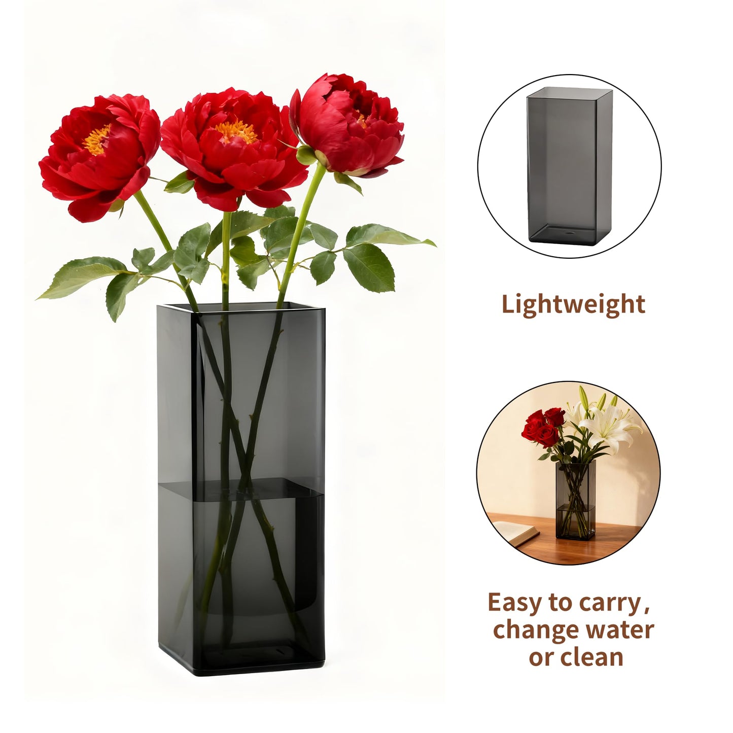 Guluto Acrylic Square Flower Vase, Non-breakable Vase, 4" x 4" x 8" Tall Grey Vases for Flower, Large Cube Floral Plant Container, Planter Terrarium for Wedding Party Event, Home Office Decor