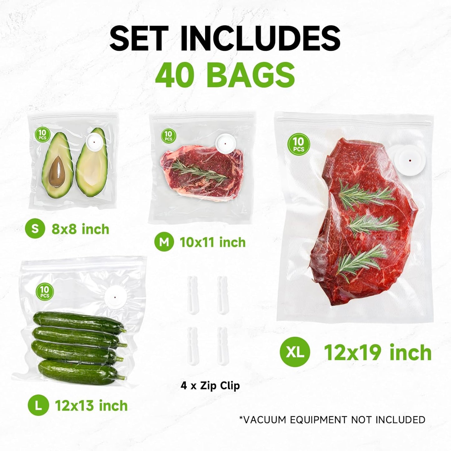 Vacuum Sealer Bags, 40 Reusable Vacuum Sealer Bags for Food, BPA-Free, Meal Prep and Sous Vide Cooking,Works for Handheld Sealer and Vac Sealer Machine with External Vacuum Systems