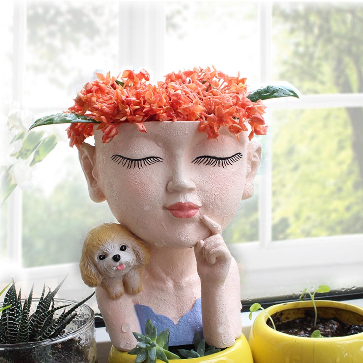 Face Planters Pots Cute Closed Eyes Girl and Dog Succulent Planter Unique Head Planter for Outdoor Indoor Planter Female Bust Vase - with Drainage Hole