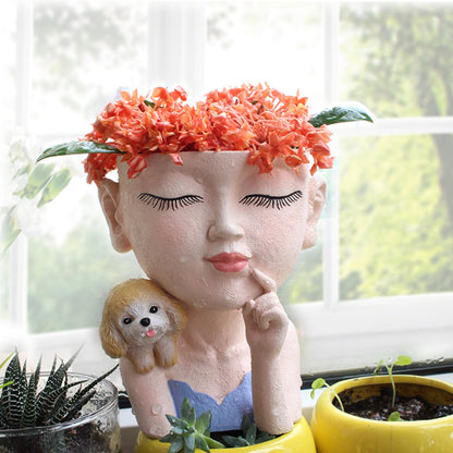 Face Planters Pots Cute Closed Eyes Girl and Dog Succulent Planter Unique Head Planter for Outdoor Indoor Planter Female Bust Vase - with Drainage Hole