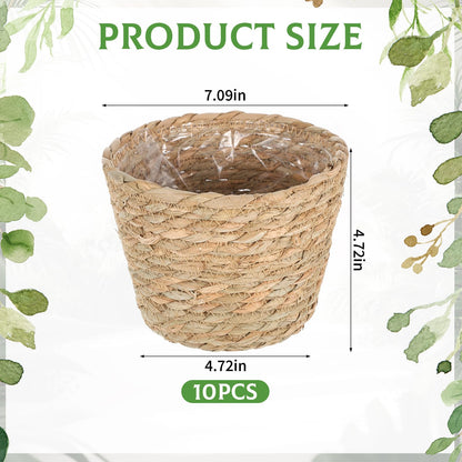 10 PCS Seagrass Plant Baskets with Plastic Liners, Woven Planter Basket Set for Indoor and Outdoor Plants, Wicker Flower Pot Covers Plant Container sand Storage Baskets for Home and Farmhouse Decor