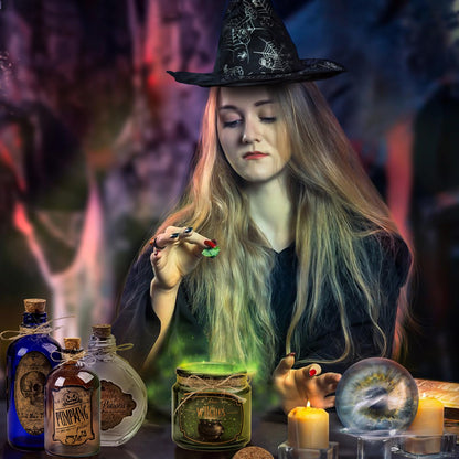 HOHUCRAB Potion Bottles Halloween Decoration, Set of 4 Glass Potion Bottles with Corks and 10 Halloween Bottle labels, Halloween Tiered Tray Decor, Halloween Decorations Indoor