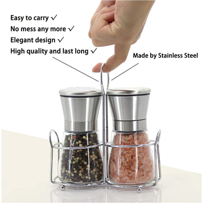 Premium Stainless Steel Salt and Pepper Grinder Set - Short Glass Shaker, Pepper Mill & Salt Mill with Adjustable Coarseness, Refillable for Himalayan or Sea Salt, Black Peppercorn, with Bonus Stand