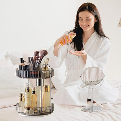 Aveniee 360° Rotating Makeup Organizer for Vanity, Upagraded Perfume Skincare Bathroom Counter Organizers with Brush Divider, Two Tier Spinning Lipstick Cosmetic Lotion Storage,Grey