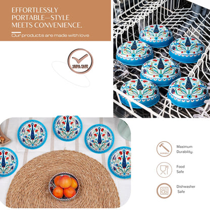 NOVAMEM 6 Pack Metal Snack Bowls – Lightweight & Durable – 3.74 - Inch Small Sauce Bowls - Mediterranean Design–Perfect for Charcuterie, Soy Sauce, Spices, Tapas, Picnics. (Floral Turquoise)