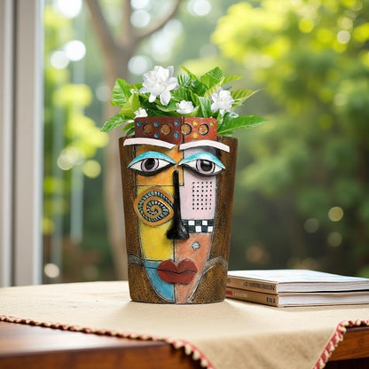 Yhupl Picasso Abstract Face Flower Pot,Plant Pot with Facial Expressions,Handmade Resin Plant Pot with Drainage Holes,for Indoor and Outdoor Botanical Home décor (Brown Small)