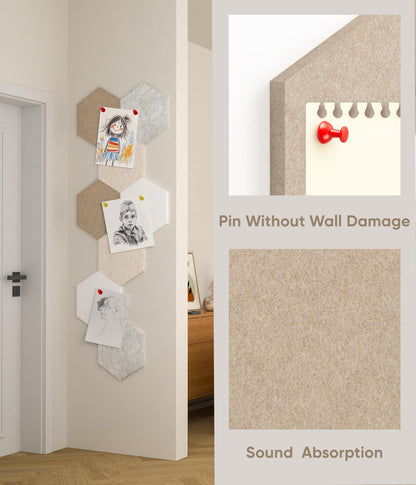 Toptople 12 Inch Large Hexagon Cork Board for Walls, 8 Pack Felt Bulletin Board Tiles, Pin Board with Push Pins for Office Photo and Note, Linen Beige
