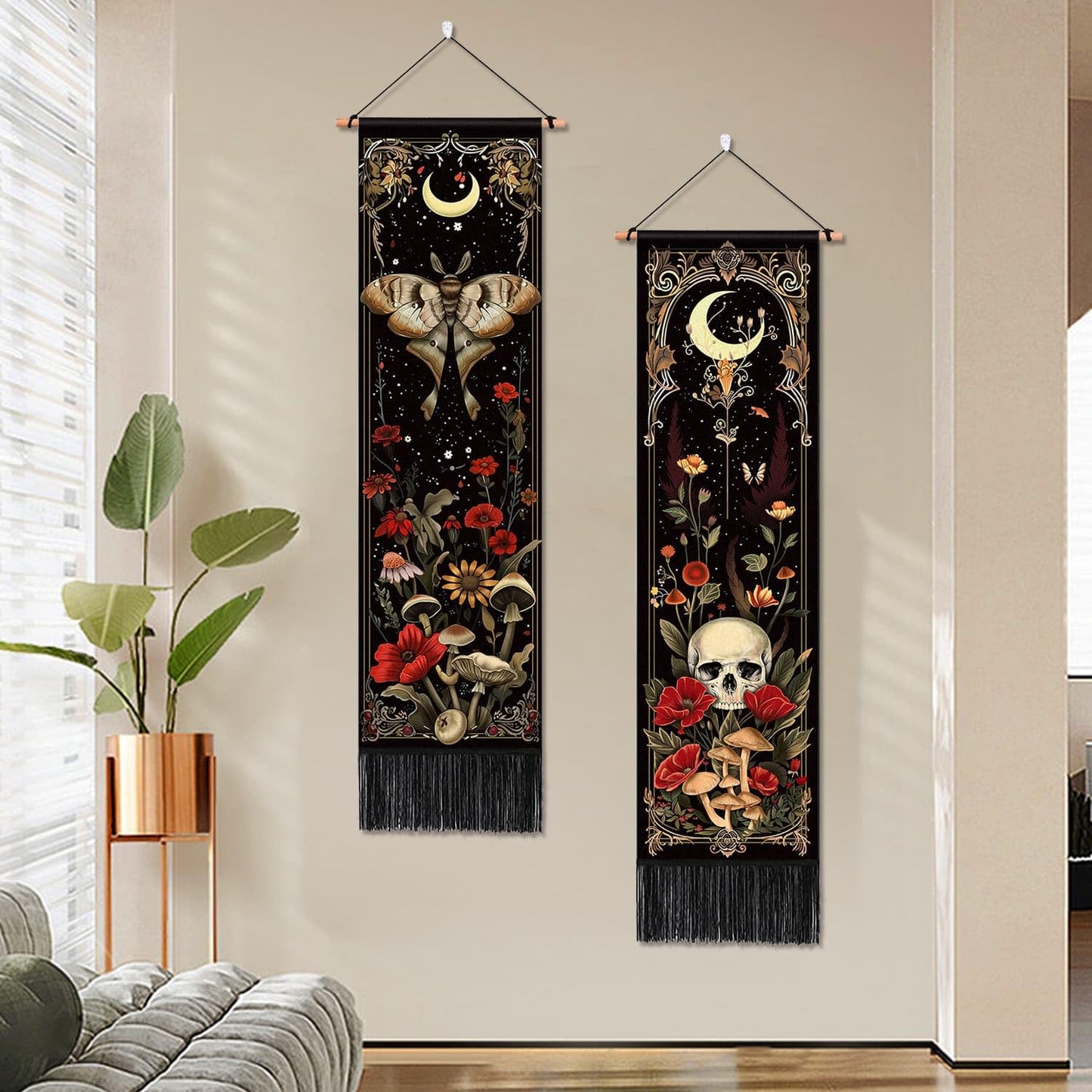 ARTCREATOR Pack of 2 Witchy Gothic Wall Bedroom Decor Moth Moon Tapestry Skull Mushroom Vertical Tapestries Retro Floral Flowers Tapestries for Bedroom Aesthetic Alt Room (12.8 x 51.2 inches)