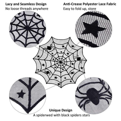 Orgrimmar 35 PCS Halloween Decorations Set Include Lace Spider Web Table Runner, Round Lace Table Cover, Fireplace Scarf Cover and 32 Pieces 3D Bats Wall Sticker Decal
