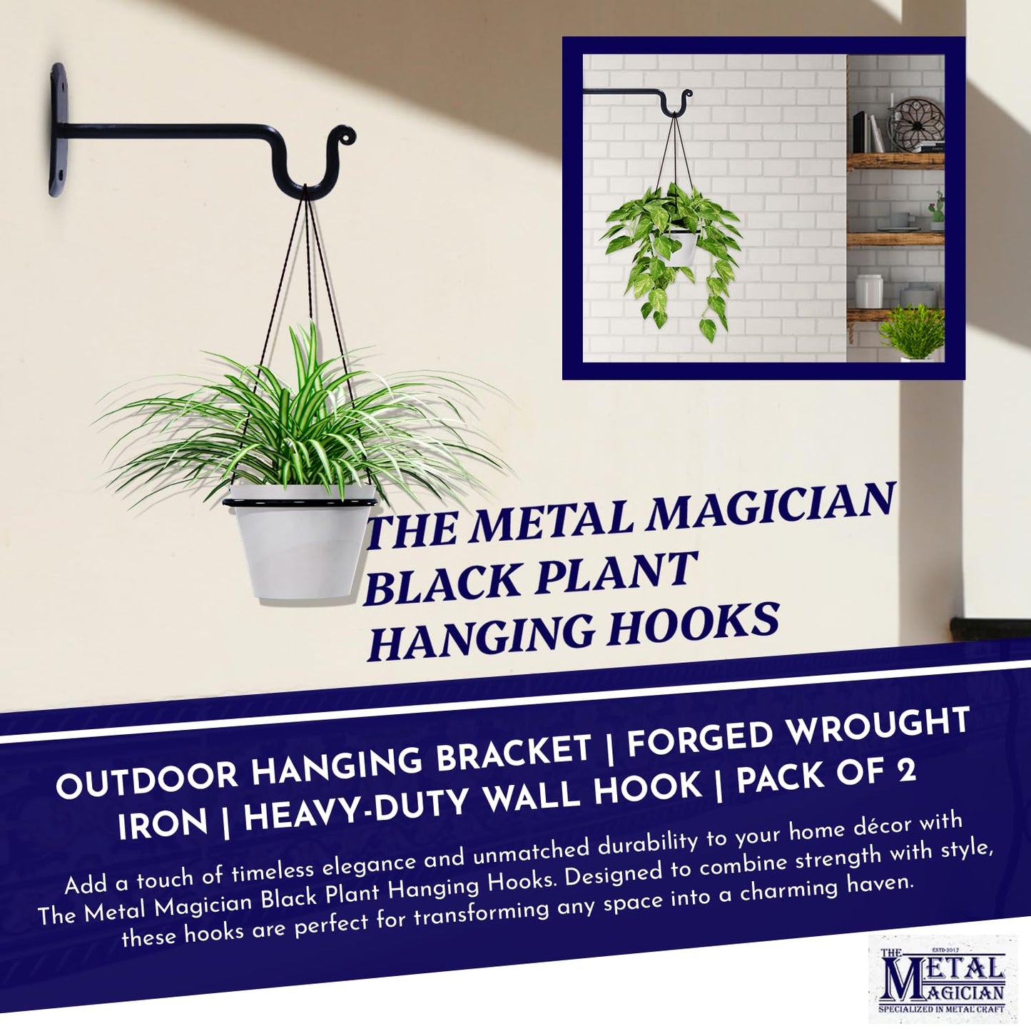 The Metal Magician 2Pc Plant Hangers Outdoor, Indoor, Wrought Iron Metal Hanger Indoor Hook, Heavy Duty Wall Bracket Hooks for Hanging Plants Baskets Lanterns Wind Chimes Black Extended U-Shape