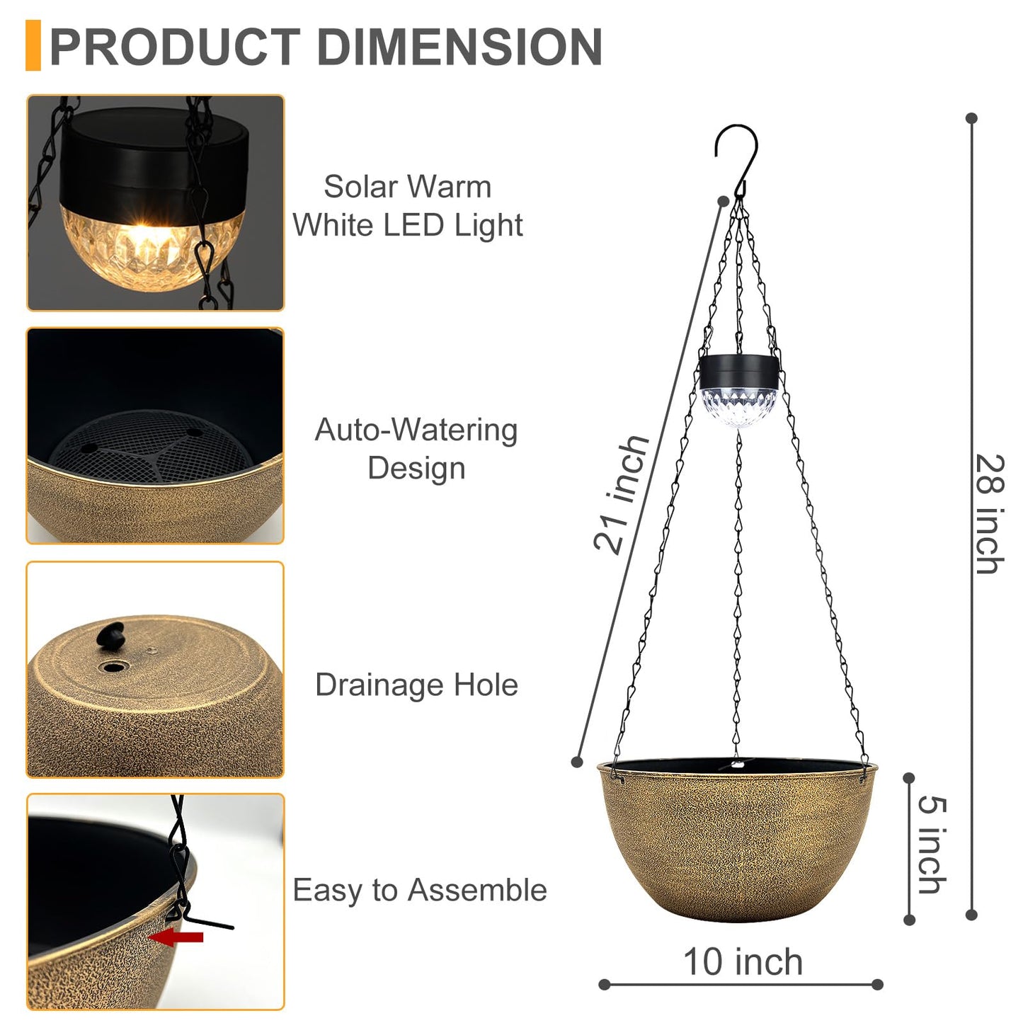 2 Packs Hanging Planters Basket for Outdoor Plants, Solar Powered Self Watering Copper Round Plastic Flower Pots with Drainer for Balcony Patio Garden Outdoor Decoration