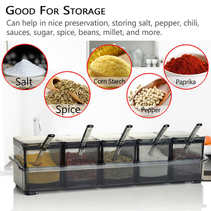 V·RESOURCING Clear Seasoning Box, 5 Pieces Clear Seasoning Storage Container for Spice Salt Sugar Cruet,Condiment Jars with Spoons
