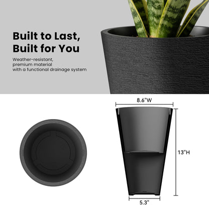 Kante 2 Pack 13 Inch Tall Planters, Modern Minimalist Textured Black Plastic Planter Pots with Drainage Holes, Detachable Inner Pot & Handle, Lightweight Outdoor Indoor Planters for Patio Garden