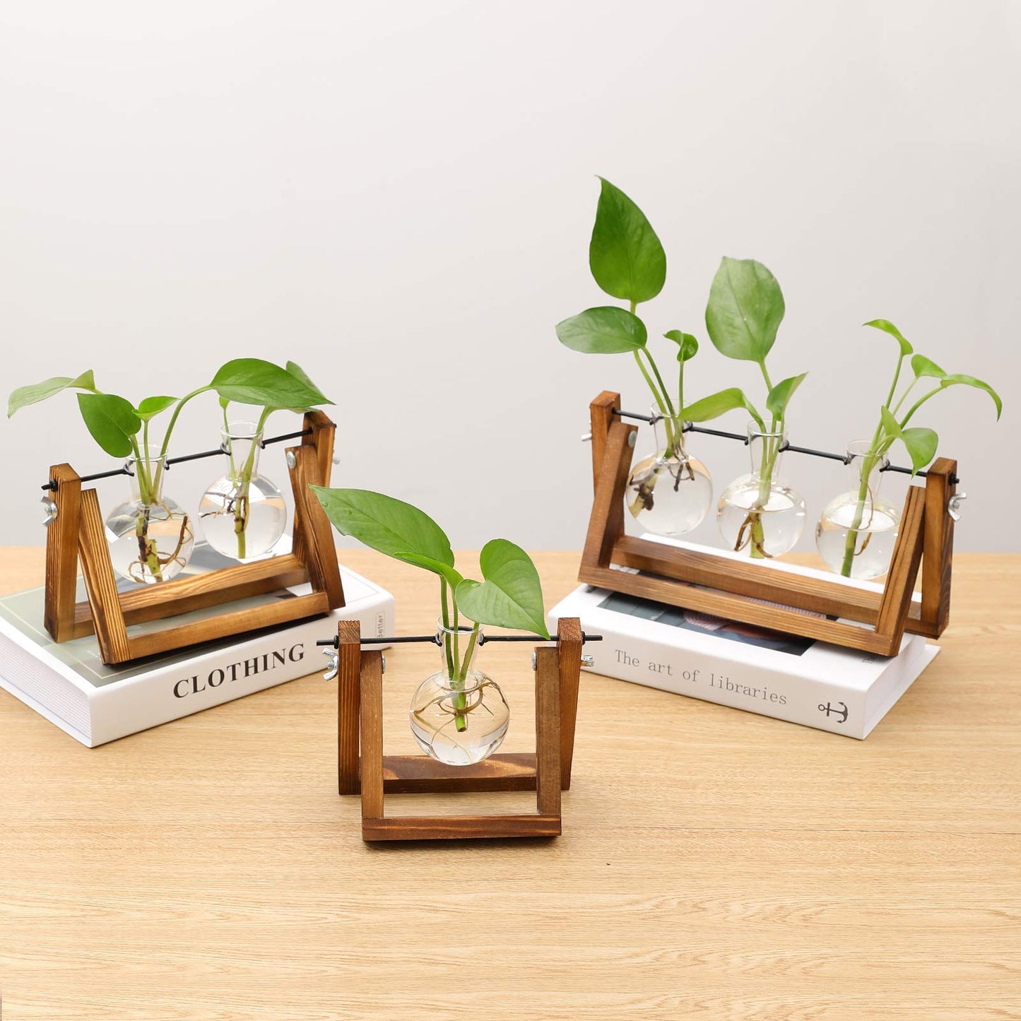 Kingbuy Desktop Glass Planter Iron and Wooden Stand Plant Terrariums for Indoor Office Desk Decor Accessories, 3 Bulb Vases, Brown