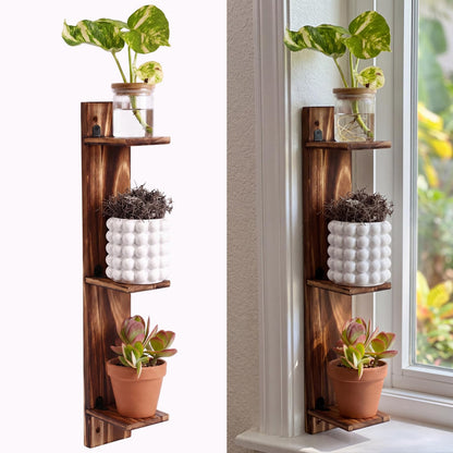 Pinkunn 3 Tier Wood Window Sill Plant Shelf Retro Indoor Wood Plant Stand Wall Mount Decorative Hanging Vertical Garden Display for Small Space Kitchen Living Room Bedroom Home