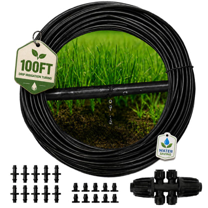 MIXC 1/4" Irrigation Dripline Tubing (100 Ft Roll), Saving 80% Water, 6" Emitter Spacing, 0.5 GPH Emitters Built-In Drip Irrigation Line with 1/4" Fittings Included, Black