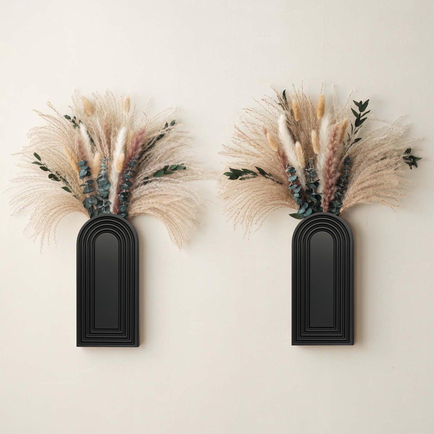2 Pack Wooden Wall Vase Set with Pampas Grass Eucalyptus, Modern Farmhouse Boho Wall Decor for Living Room, Entryway, Hallway, Bathroom, Dining Room, Black Wall Art for Home Decoration