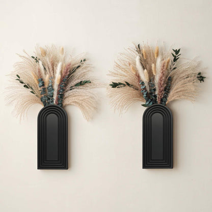 2 Pack Wooden Wall Vase Set with Pampas Grass Eucalyptus, Modern Farmhouse Boho Wall Decor for Living Room, Entryway, Hallway, Bathroom, Dining Room, Black Wall Art for Home Decoration