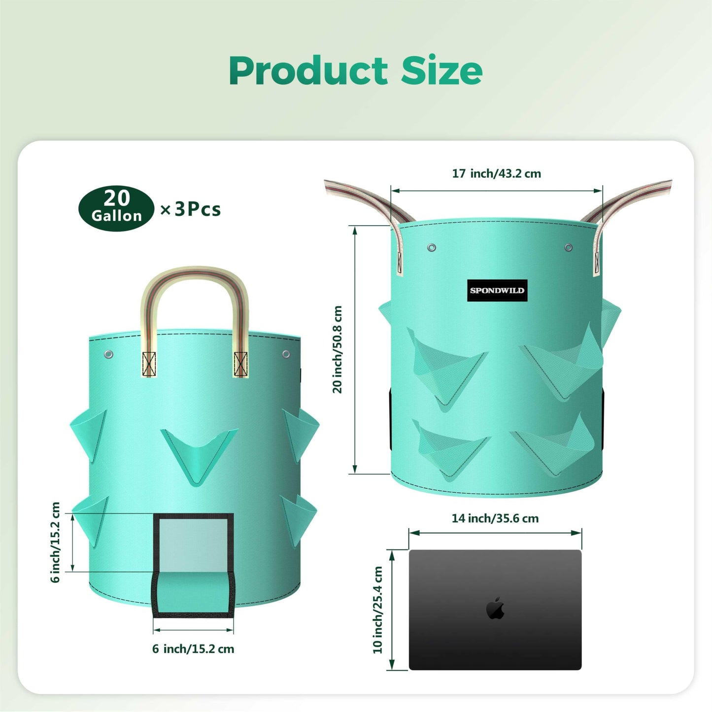SPONDWILD 3 Pack 20 Gallon Strawberry Grow Bags, Heavy Duty Reusable PE Pots with Breathable Window, Branch & Drainage Holes, Reinforced Handles for Strawberries, Veggies, Flowers, Balcony/Patio Use