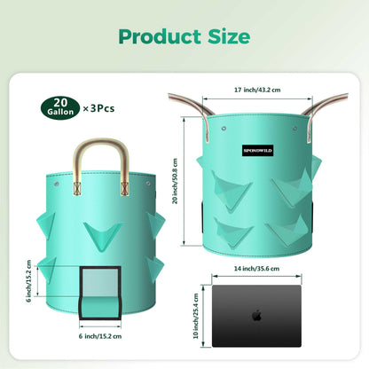 SPONDWILD 3 Pack 20 Gallon Strawberry Grow Bags, Heavy Duty Reusable PE Pots with Breathable Window, Branch & Drainage Holes, Reinforced Handles for Strawberries, Veggies, Flowers, Balcony/Patio Use