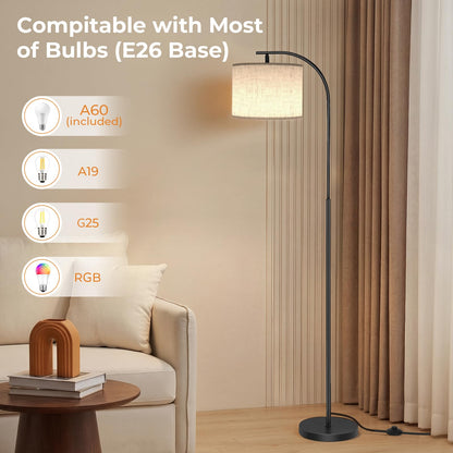 SIBRILLE Floor Lamp with Linen Shade, Arc Dimmable Tall Standing Lamp with Remote Control, Modern Floor Reading Light for Living Room Bedroom Office Corner, 9W LED Bulb Included