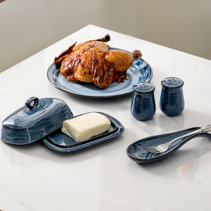 Hasense Ceramic Salt Pepper Shakers and Butter Dish Set, 2 Pieces Navy Reactive Glaze Dinnerware Accessories Set Perfect for Home Decor, Kitchen Housewarming Gift