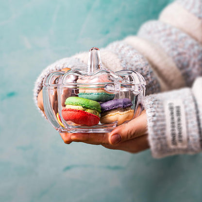 binsakao Small Glass Candy Dish with Lid - 16.7 oz Soup Bowls with Handle - Pumpkin Bowl for Holiday Party - Microwave Dishwasher Safe