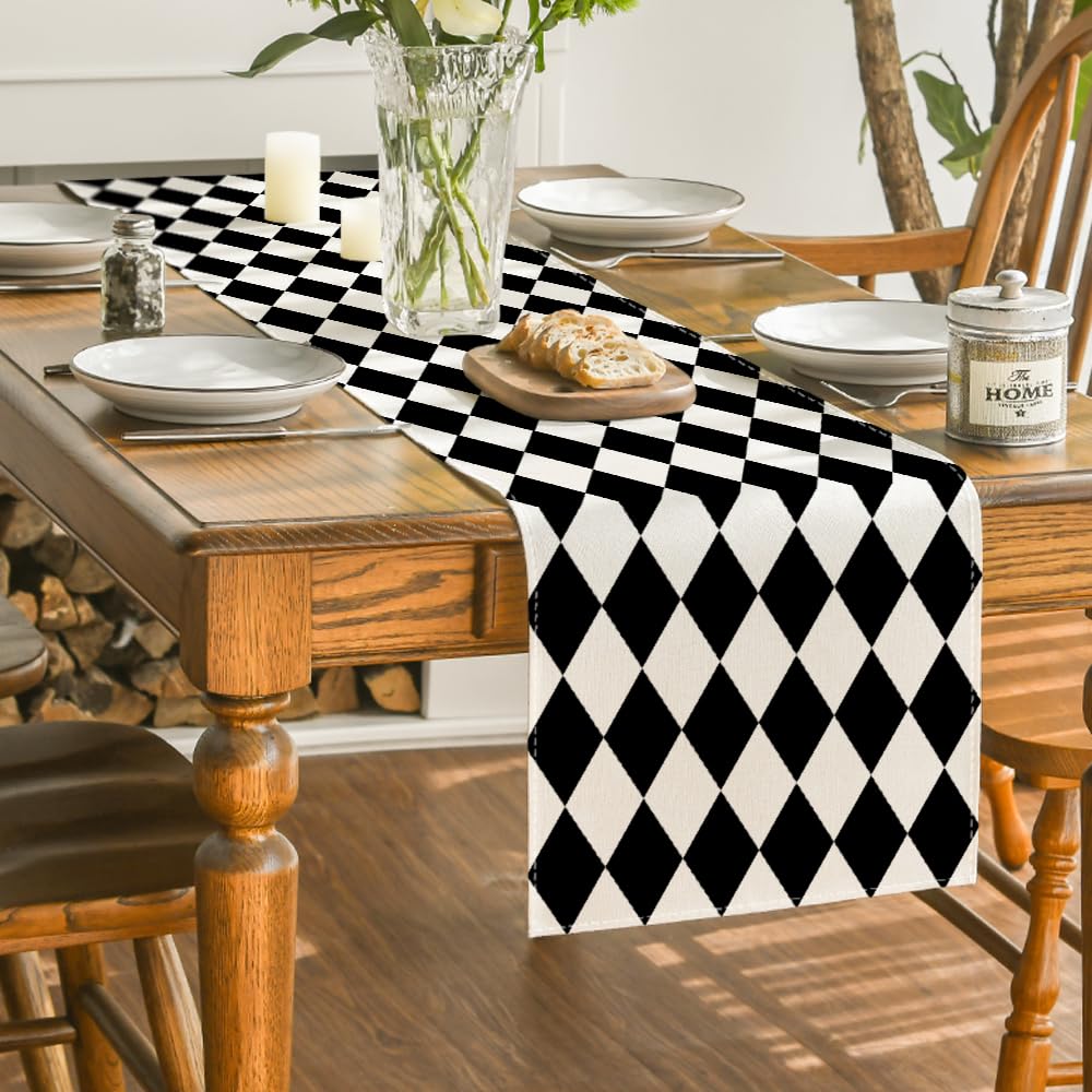 Artoid Mode Diamond Plaid Black Table Runner, Seasonal Halloween Party Kitchen Dining Table Decoration for Home Party Decor 13x90 Inch