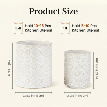 Newise Utensil Holder - Set of 2, Ceramic Kitchen Utensil Holder for Countertop, Large Utensil Crock with 360° Rotating Base, 7.7"+5.6" Embossed Cooking Storage and Decoration