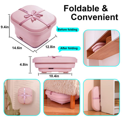 VIVIYA Collapsible Foot Bath Spa with heat and Massage Rollers, Foldable Foot Soak Tub with Bubbles Jets and LED light, Pedicure Foot Spa Massager with Foot Scrubber for Home Use (Pink)
