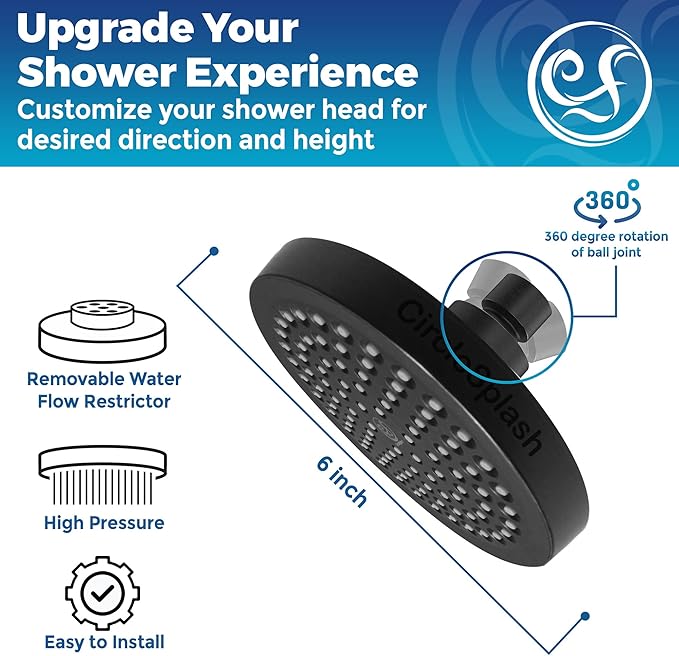 High Pressure Shower Head - Anti-Clogging Silicone Nozzles 2.5 GPM Removable Restrictor - Easy to Clean and Install - Includes Plumbers Tape - 6 inch - (Matte Black 2.5GPM)